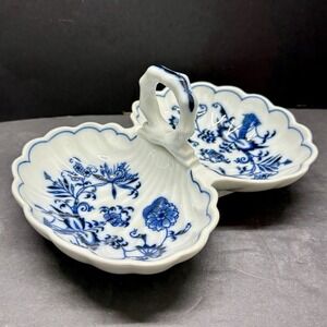 Blue Danube Relish Nut Candy Trinket Dish Divided Handle Vintage Banner